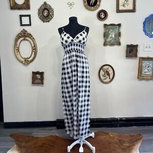 Y2k Vintage Gingham Maxi Dress – Black & White Checkered Cottagecore